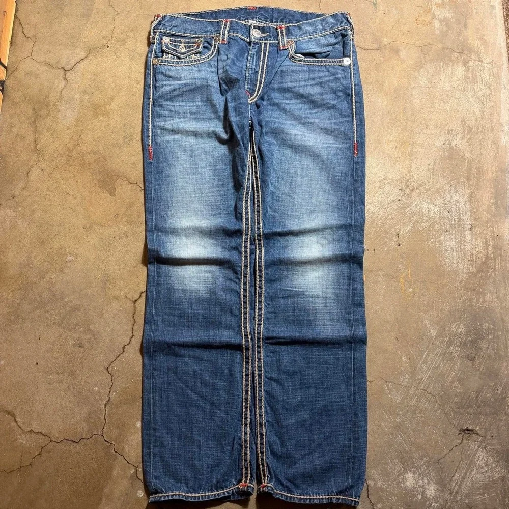 True Religion Straight Super T Rope Stitch Jeans Blue Baggy Y2K Mens 38x33